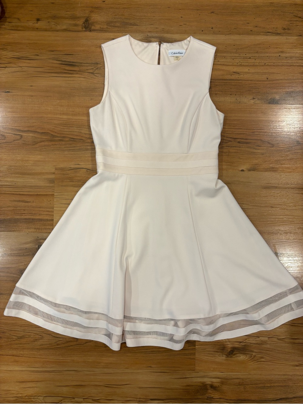 Calvin Klein Ivory Sleeveless Fit & Flare Dress with Sheer Hem Stripes